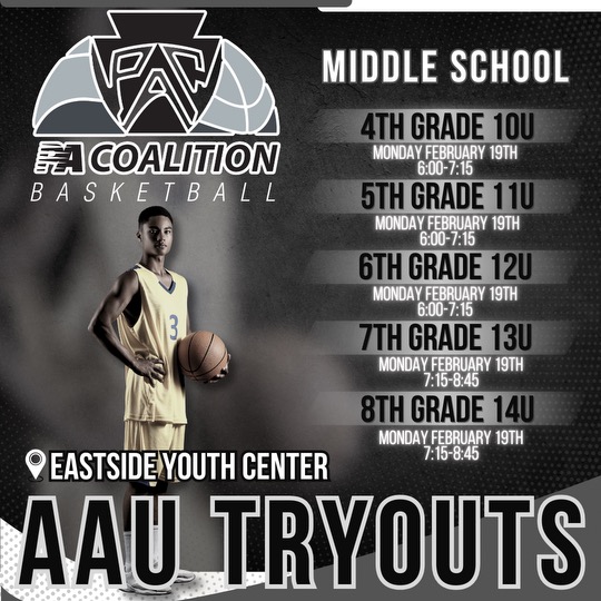 4th Grade AAU Tryouts 10u: Mon, Feb 19th 6:00 – 7:15 5th Grade AAU Tryouts 11u: Mon, Feb 19th 6:00 – 7:15 6th Grade AAU Tryouts 12u: Mon, Feb 19th 6:00 – 7:15 7th Grade AAU Tryouts 13: Mon, Feb 19th 7:15 – 8:45 8th Grade AAU Tryouts 14u: Mon, Feb 19th - 1